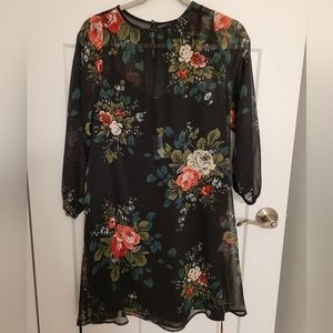 NWT LOFT Black Floral Tie Waist Mini Dress Size XS Petite